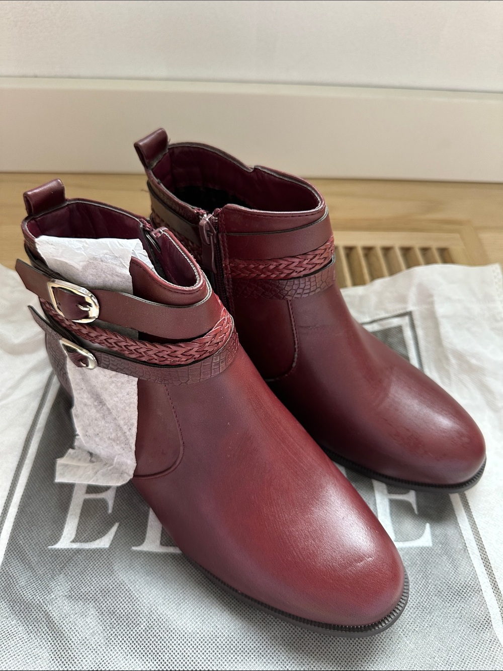Women's Burgundy Ankle Boots with Braided Strap